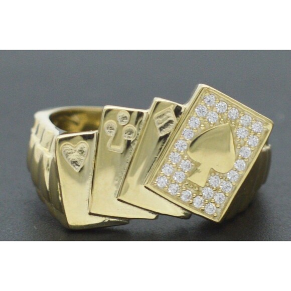Real 10K Yellow solid Gold Playing Cards Ace of Spades Poker Men Ring All Sizes - Picture 1 of 5